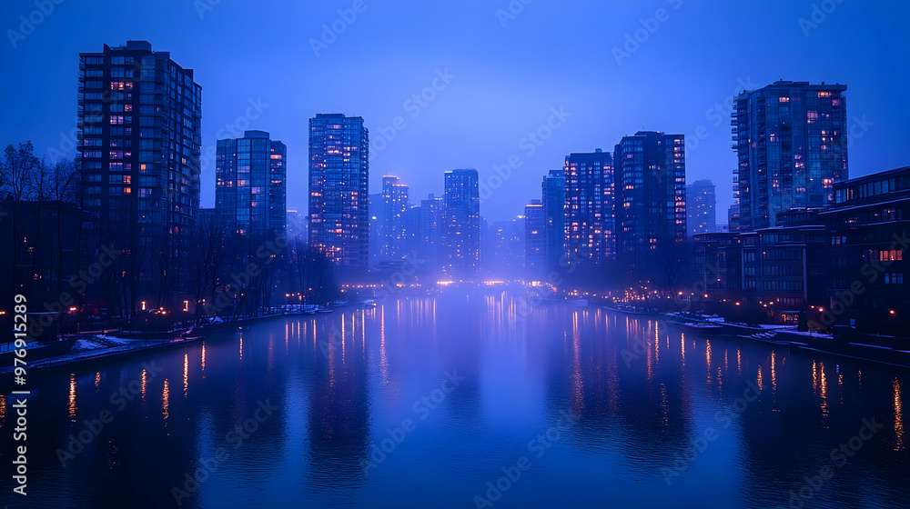 custom made wallpaper toronto digitalA cityscape with tall buildings reflected in a calm river during twilight, with a blue and purple sky.
