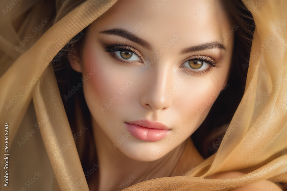 A woman with striking hazel eyes and soft makeup is enveloped in a golden, translucent fabric. Her expression is calm and serene, and the light highlights the smoothness of her complexion. A woman with striking hazel eyes and soft makeup is enveloped in a golden, translucent fabric. Her expression is calm and serene, and the light highlights the smoothness of her complexion.