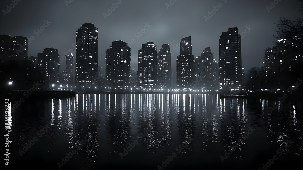 Fototapeta premium A cityscape with tall buildings reflected in a still lake. The city is lit up at night, and the sky is overcast.