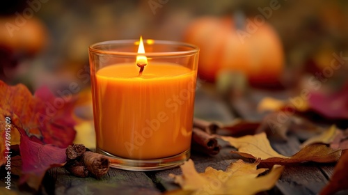 Autumn Candle on Fallen Leaves