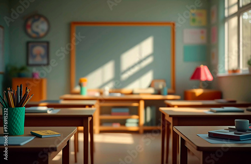 Wallpaper Mural A bright, empty classroom with neatly arranged desks and chairs. On the wooden desk, school supplies like notebooks, pencils, and rulers are scattered. The chalkboard is clean, space for text. Torontodigital.ca