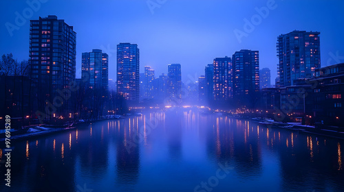 Wallpaper Mural A cityscape with tall buildings reflected in a calm river during twilight, with a blue and purple sky. Torontodigital.ca