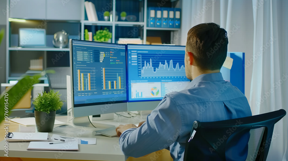 Businessman at desk analyzing revenue charts on digital screen, focused on financial growth and business success, office equipment in background. Businessman at desk analyzing revenue charts on digital screen, focused on financial growth and business success, office equipment in background.