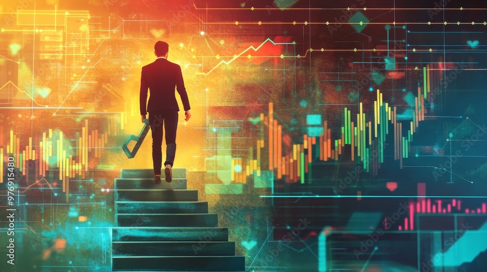 Ambitious Businessperson Climbing Steps Towards Financial Success with Growth Charts in Background Ambitious Businessperson Climbing Steps Towards Financial Success with Growth Charts in Background