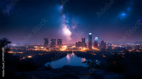 A cityscape with the Milky ...