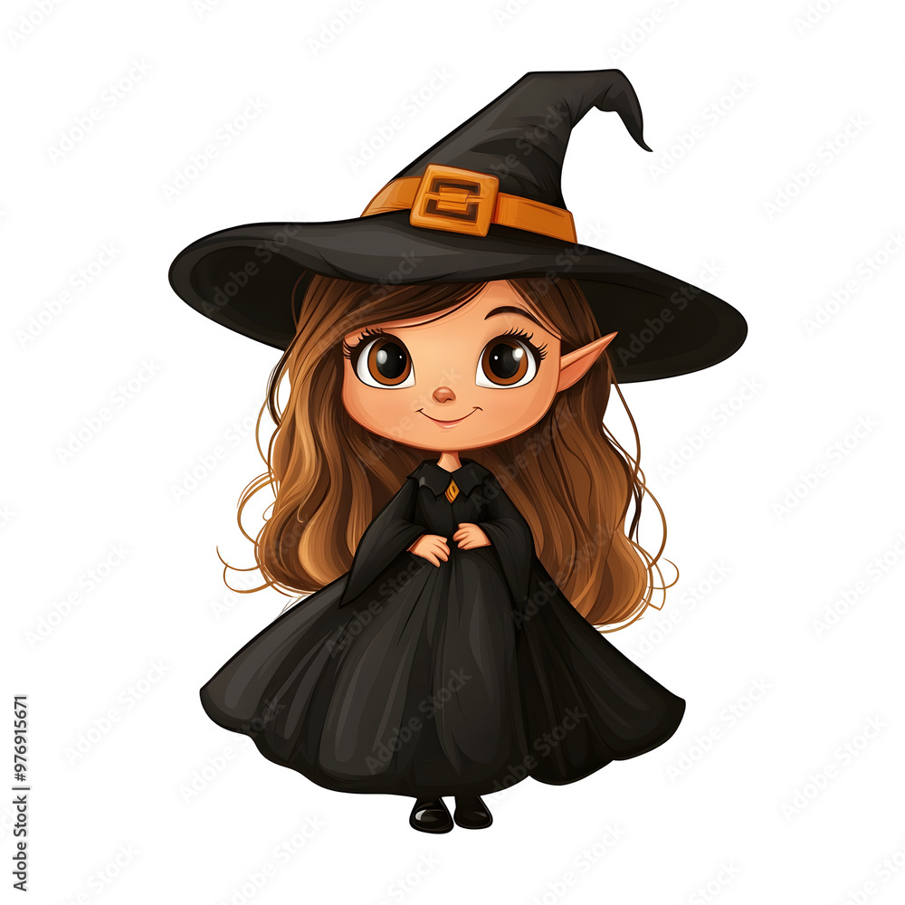 Mischievous Cartoon Witch in Black Dress and Hat on White Background Mischievous Cartoon Witch in Black Dress and Hat on White Background