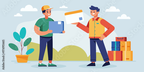 Parcel delivery service concept with courier and recipient interaction