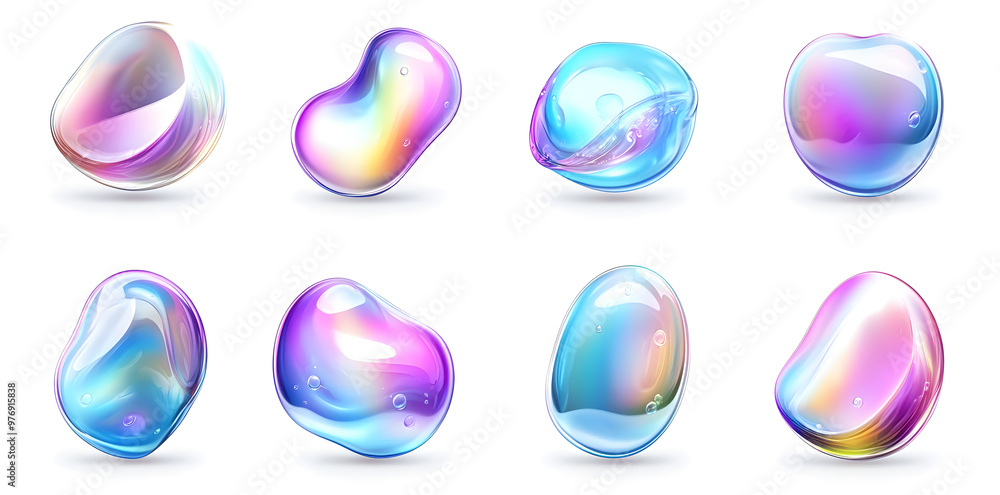 Iridescent holographic liquid bubbles set isolated on white background Iridescent holographic liquid bubbles set isolated on white background