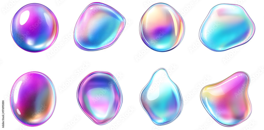 Iridescent holographic liquid bubbles set isolated on white background Iridescent holographic liquid bubbles set isolated on white background