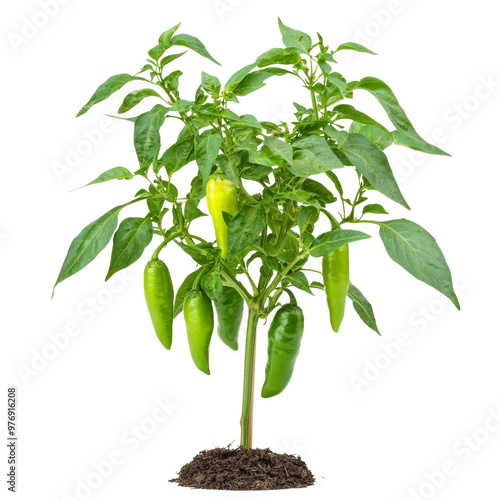 Green chili pepper plant with fresh peppers and vibrant leaves