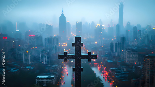 A cross stands silhouetted ...