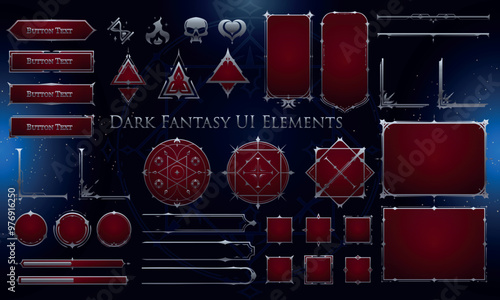 Set of Dark Fantasy Elements for user interface, poster, video. Fantasy magic HUD. Template for rpg game interface. Vector Illustration EPS10