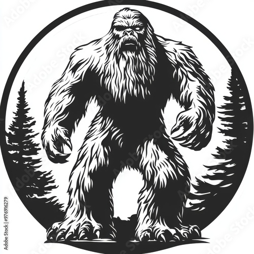 A black and white illustration of Bigfoot standing in front of a forest. photo