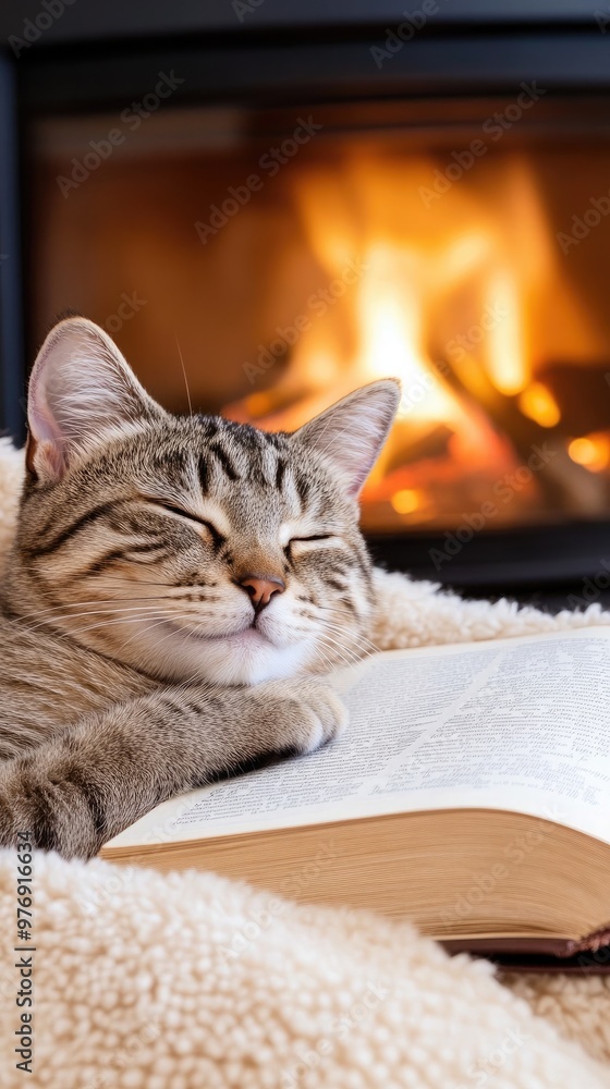 A fluffy cat rests comfortably beside a crackling fireplace, wrapped in a cozy blanket. The warm ambiance and gentle light create a serene atmosphere A fluffy cat rests comfortably beside a crackling fireplace, wrapped in a cozy blanket. The warm ambiance and gentle light create a serene atmosphere