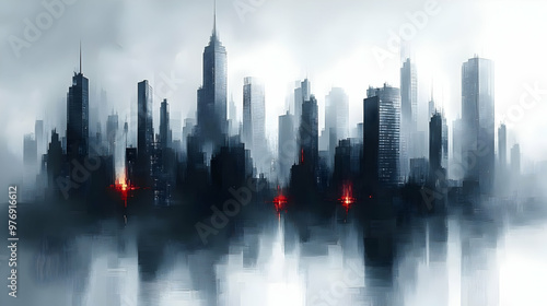 A dark and moody cityscape with tall buildings silhouetted against a foggy sky. The city reflects in the water below. photo