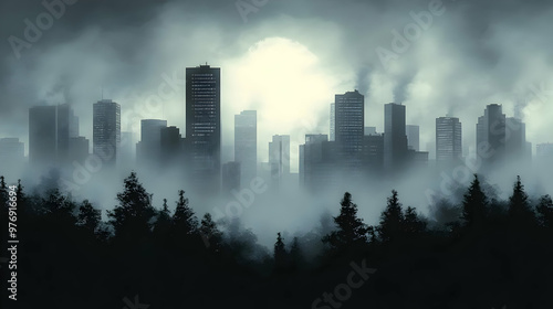 A dark, misty cityscape wit...