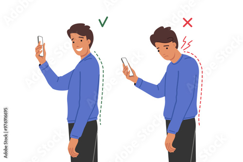 Obraz na płótnie Neck clamp in man with poor posture due to frequent mobile phone use and digital addiction. Problems with posture and spinal curvature in young guy who needs help of chiropractor or massage therapist w salonie