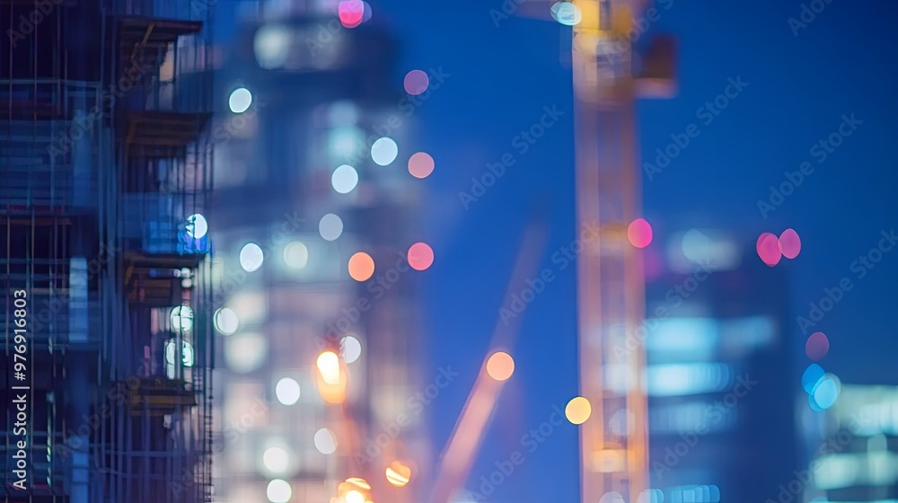 Fototapeta premium A blurred cityscape at night showcasing construction and illuminated buildings.