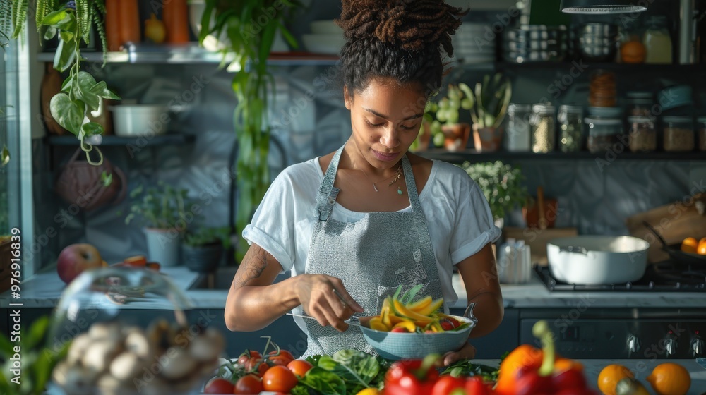 A nutritionist preparing a colorful, healthy meal in a modern kitchen A nutritionist preparing a colorful, healthy meal in a modern kitchen