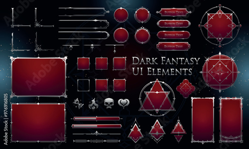 Set of Dark Fantasy Elements for user interface, poster, video. Fantasy magic HUD. Template for rpg game interface. Vector Illustration EPS10