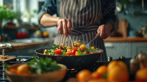 A nutritionist preparing a colorful, healthy meal in a modern kitchen