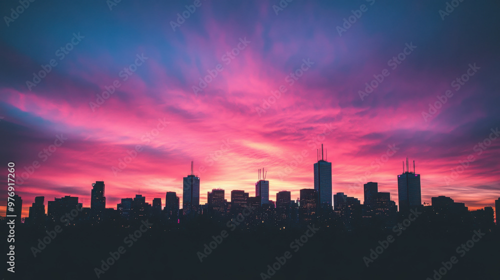 A city skyline silhouetted against a breathtaking sky in shades of pink, purple, and orange as the sun sets. A city skyline silhouetted against a breathtaking sky in shades of pink, purple, and orange as the sun sets.