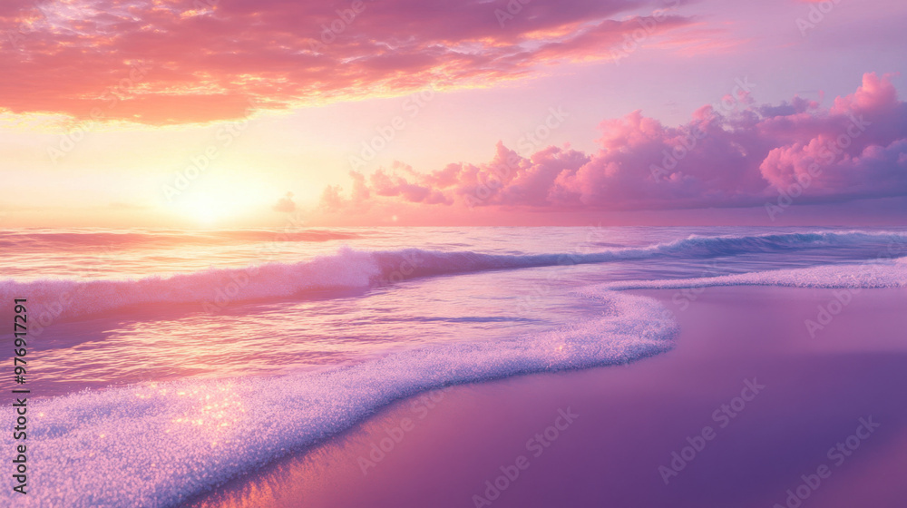 A peaceful beach scene at dusk, with waves gently lapping the shore under a sky ablaze in pink, purple, and orange. A peaceful beach scene at dusk, with waves gently lapping the shore under a sky ablaze in pink, purple, and orange.