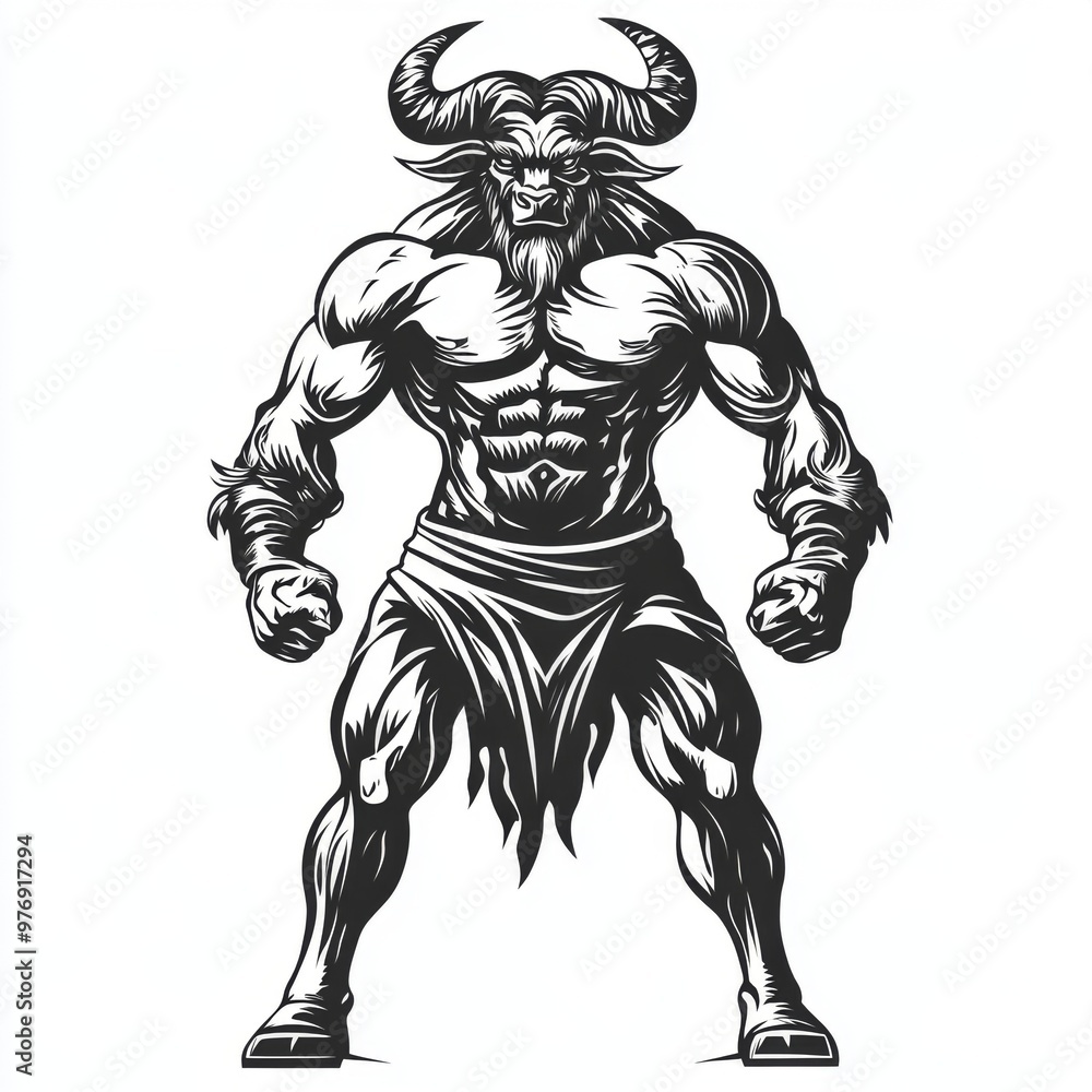 Fototapeta premium A powerful, muscular minotaur with horns and a fierce expression stands in a threatening pose.