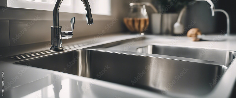 Photo of a modern kitchen sink with a sleek faucet with copy space Photo of a modern kitchen sink with a sleek faucet with copy space