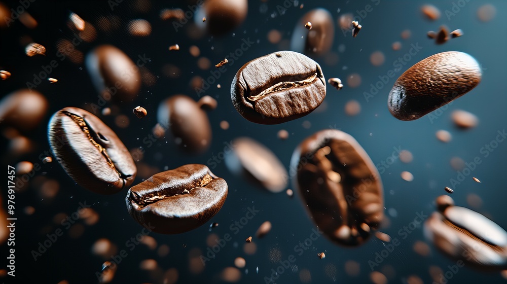 Close-up of roasted coffee beans flying in bright light with natural brown tones and textures, new beautiful stock image illustration AI Close-up of roasted coffee beans flying in bright light with natural brown tones and textures, new beautiful stock image illustration AI