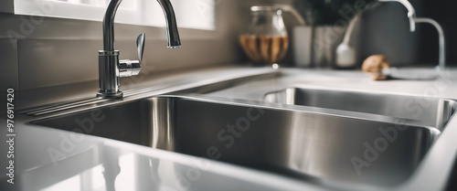 Photo of a modern kitchen sink with a sleek faucet with copy space