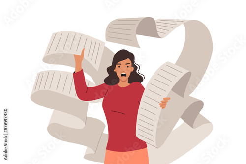 Problem of large bills to pay upsets aggressive woman holding long paper check. Girl has panic attack due to unfair tax bills or overload with routine tasks that require constant attention.