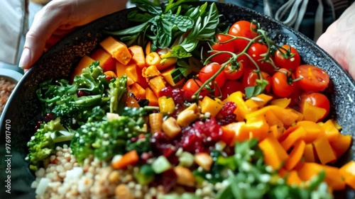 A nutritionist preparing a colorful, healthy meal in a modern kitchen photo