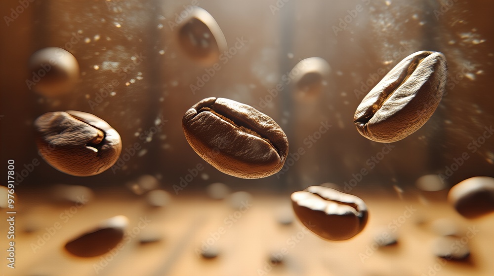 Close-up of roasted coffee beans flying in bright light with natural brown tones and textures, new beautiful stock image illustration AI Close-up of roasted coffee beans flying in bright light with natural brown tones and textures, new beautiful stock image illustration AI