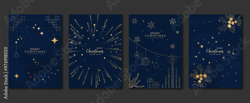 Luxury christmas invitation card art deco design vector. Christmas bauble ball, firework, holly in spot texture on navy blue background. Design illustration for cover, poster, greeting card.
