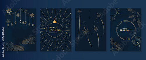 Luxury christmas invitation card art deco design vector. Christmas bauble ball, firework, holly in spot texture on navy blue background. Design illustration for cover, poster, greeting card.