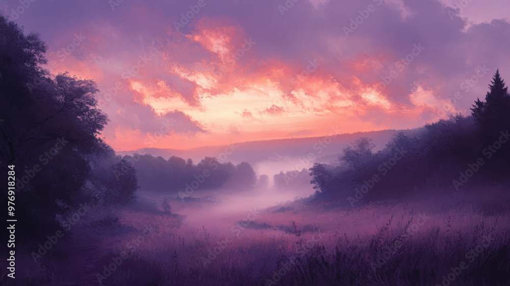 A misty morning with a sky transitioning from purple to pink and orange, with the landscape bathed in soft, warm light. A misty morning with a sky transitioning from purple to pink and orange, with the landscape bathed in soft, warm light.