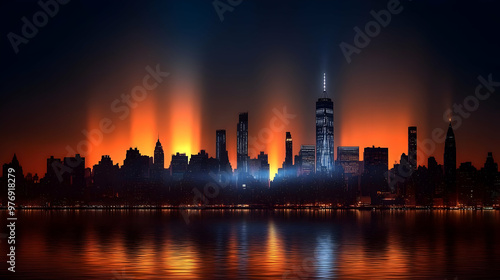 A dramatic cityscape silhouette with an orange glow in the sky and bright light beams shining down.