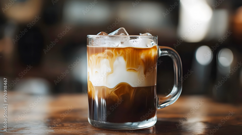 glass mug of cold brew coffee, with layers of milk and coffee forming as they mix over ice cubes glass mug of cold brew coffee, with layers of milk and coffee forming as they mix over ice cubes