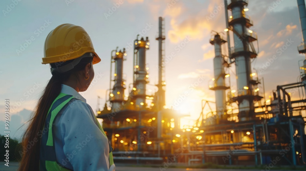 Refinery industrial engineers are working and discussing in front of oil and gas industrial plant. Refinery for industry. Refinery industrial engineers are working and discussing in front of oil and gas industrial plant. Refinery for industry.