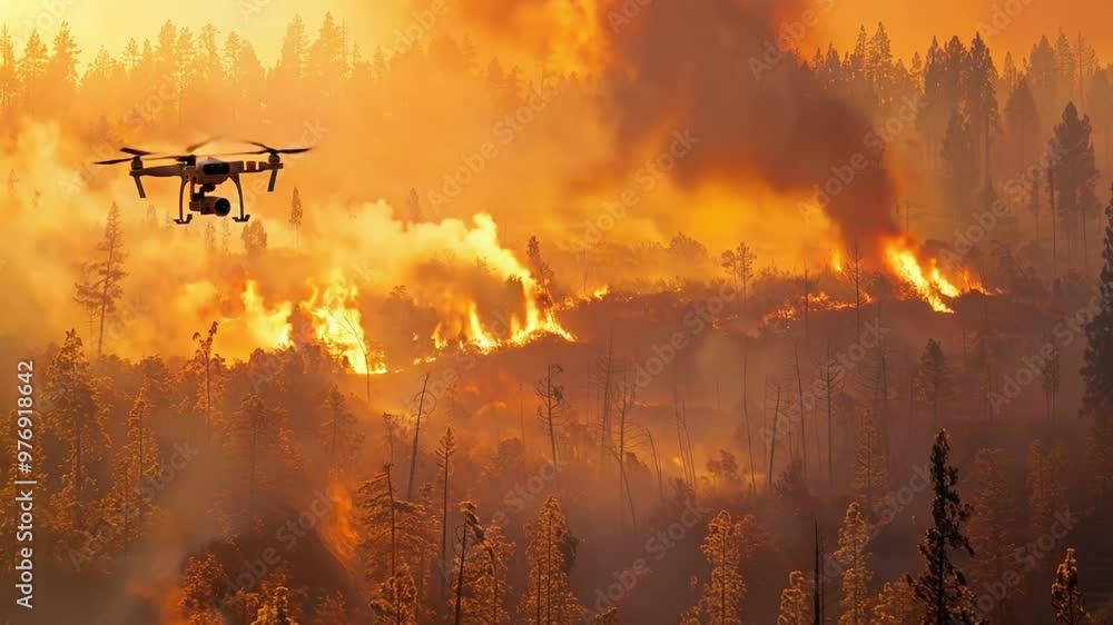 Aerial view of a drone surveying wildfires at sunset, with smoke and ...