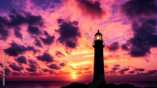 A silhouette of a lighthouse against a dramatic sky filled with pink, purple, and orange colors at sunset.