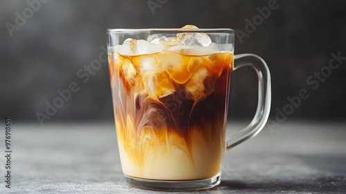 glass mug of cold brew coffee, with layers of milk and coffee forming as they mix over ice cubes