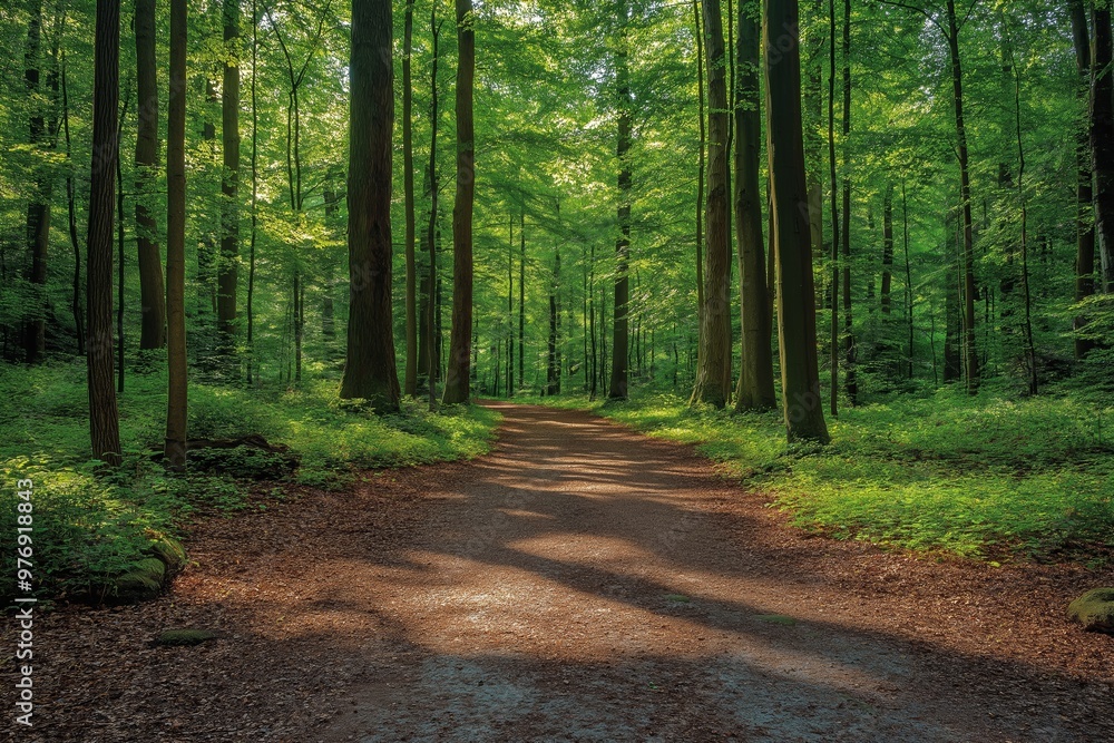 Fototapeta premium A path through a forest with trees on either side. The path is covered in leaves and dirt