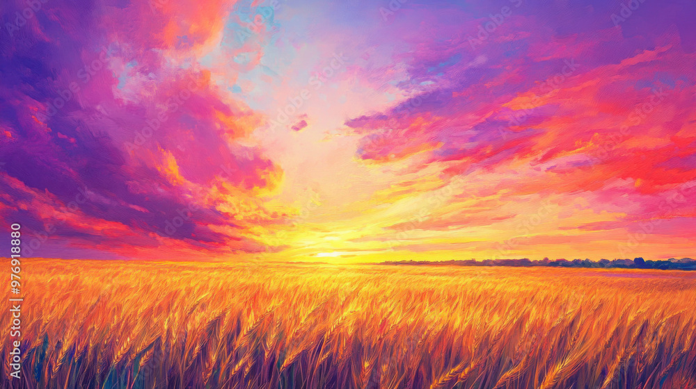 Fototapeta premium A vibrant sunset over a field of golden wheat, with the sky painted in rich shades of pink, purple, and orange.