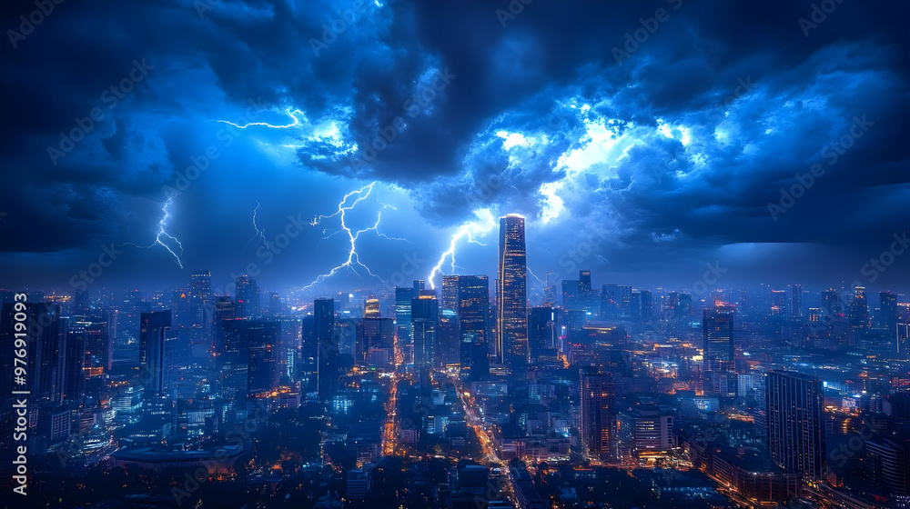 Fototapeta premium A dramatic lightning storm illuminates a modern cityscape at night.