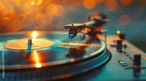 Vintage turntable playing vinyl record, warm golden sunlight, bright illumination, close-up shot, shallow depth of field, teal and orange color palette, retro aesthetic photo