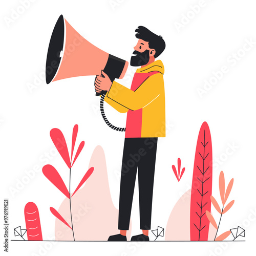 Man Speaking on Mike. Flat Vector Illustration