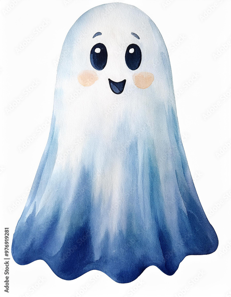 Watercolor cute ghost with cheerful smile. Playful and whimsical character for Halloween holiday Watercolor cute ghost with cheerful smile. Playful and whimsical character for Halloween holiday