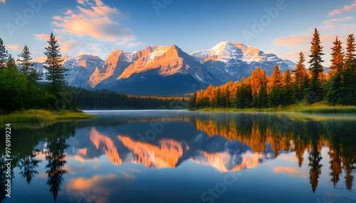 Nature Bliss: A serene mountain landscape with a lake reflecting the snowy peaks at sunrise